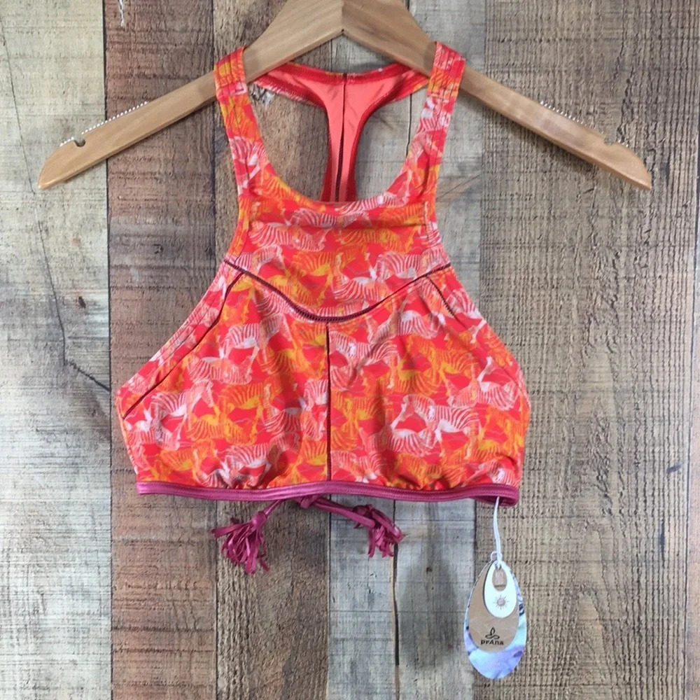 Prana Carmine Pink Safari Azra High Neck Bikini Top Pink Orange Zebra Sm…